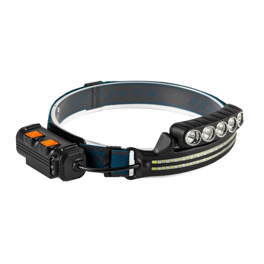 Rechargeable headlamp with front LED cluster and long multi-LED strip on blue strap