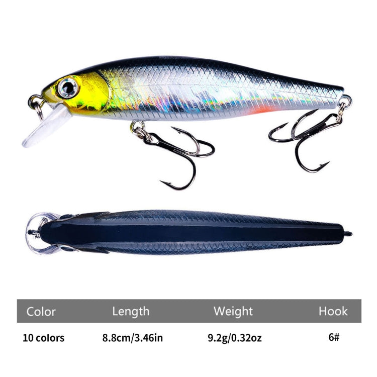 Floating fish lure with yellow-silver body and treble hooks; 8.8 cm, 9 g
