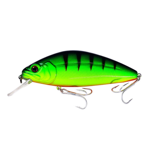 Green minnow fishing lure with black stripes and 3 treble hooks