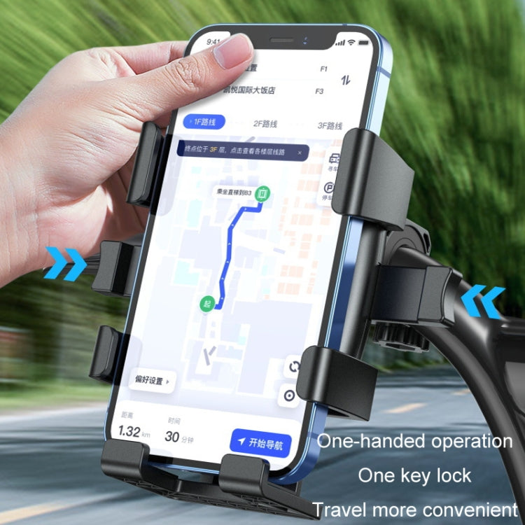 Black motorcycle phone holder with one-key lock, phone mounted securely for riding