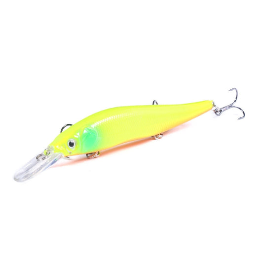 Floating long-casting minnow lure, neon yellow chartreuse with green head, silver eyes