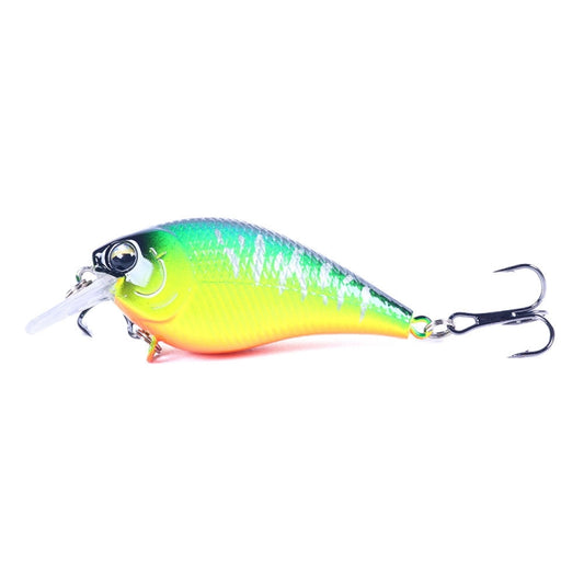 Green and yellow floating VIB fishing lure with treble hooks, crank-style body