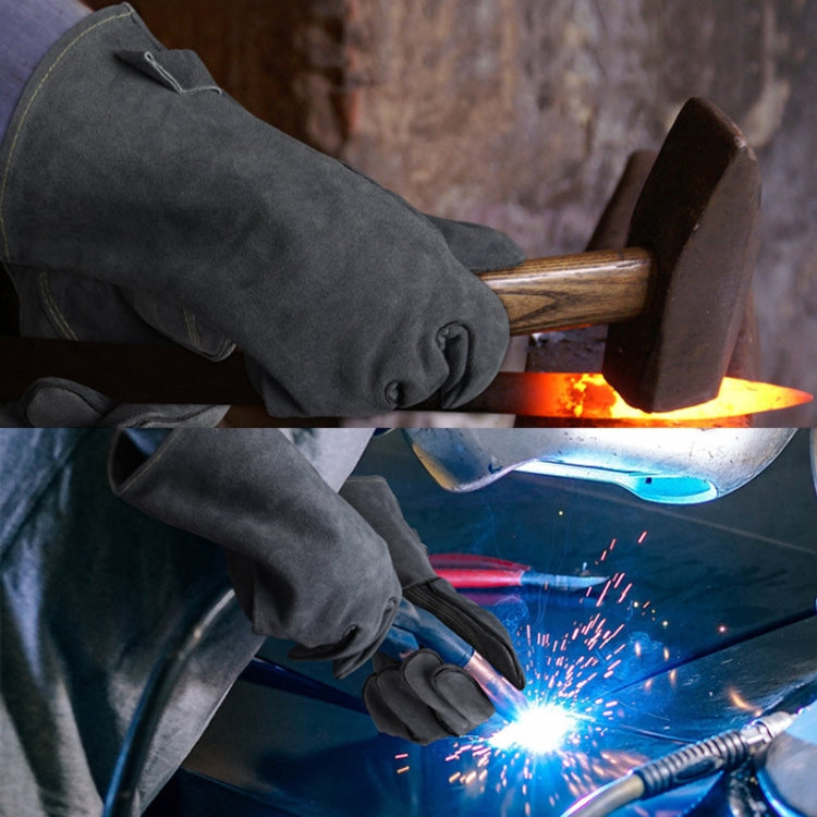 Grey insulated work gloves worn while handling tools near bright welding sparks