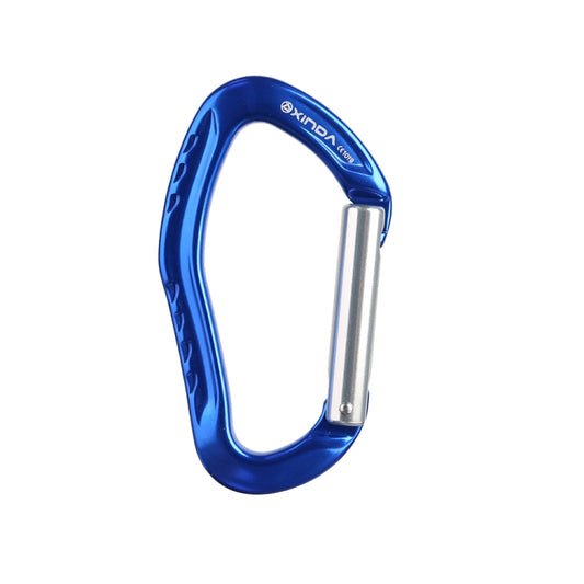 Blue aluminum carabiner with spring-loaded straight gate for rock climbing quickdraw