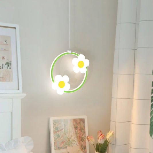 Round green LED pendant chandelier with flower bulb accents, bright warm glow