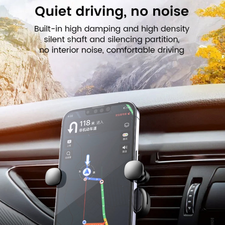 Car air outlet gravity phone holder with mounted smartphone, black side clamps