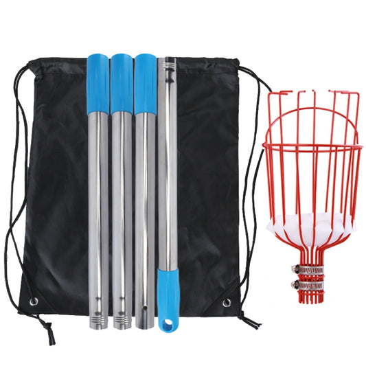 Stainless fruit picker tool with blue segmented rod, red wire basket, carry bag