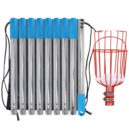Aerial fruit picker with blue telescoping rod and red wire collecting basket