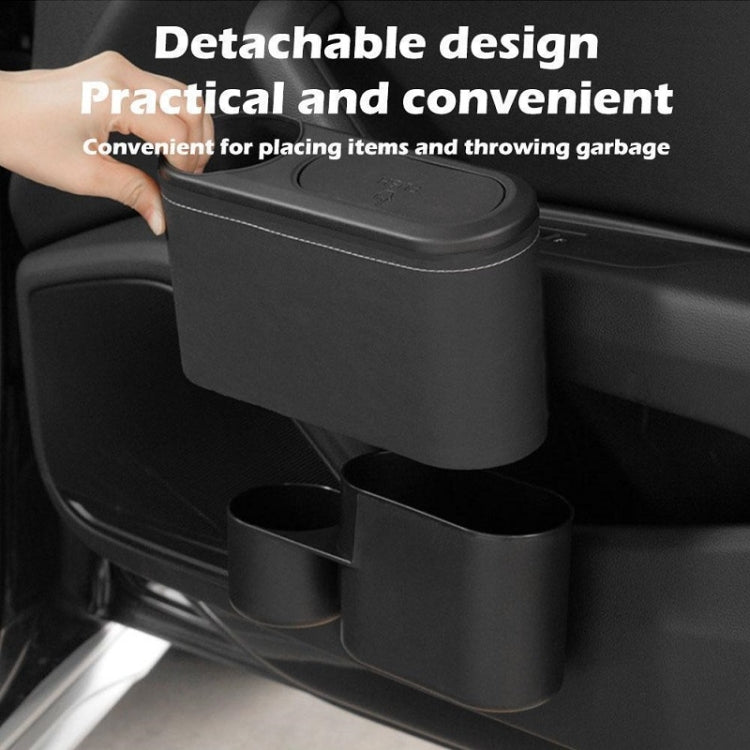 Car seat cup holder trash bin, black plastic mounted between seat with lid on top