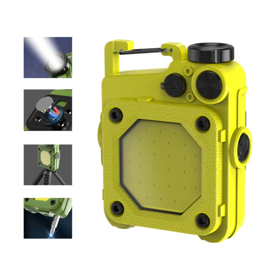 Yellow mini keychain COB flashlight with amber lens panel and top handle loop