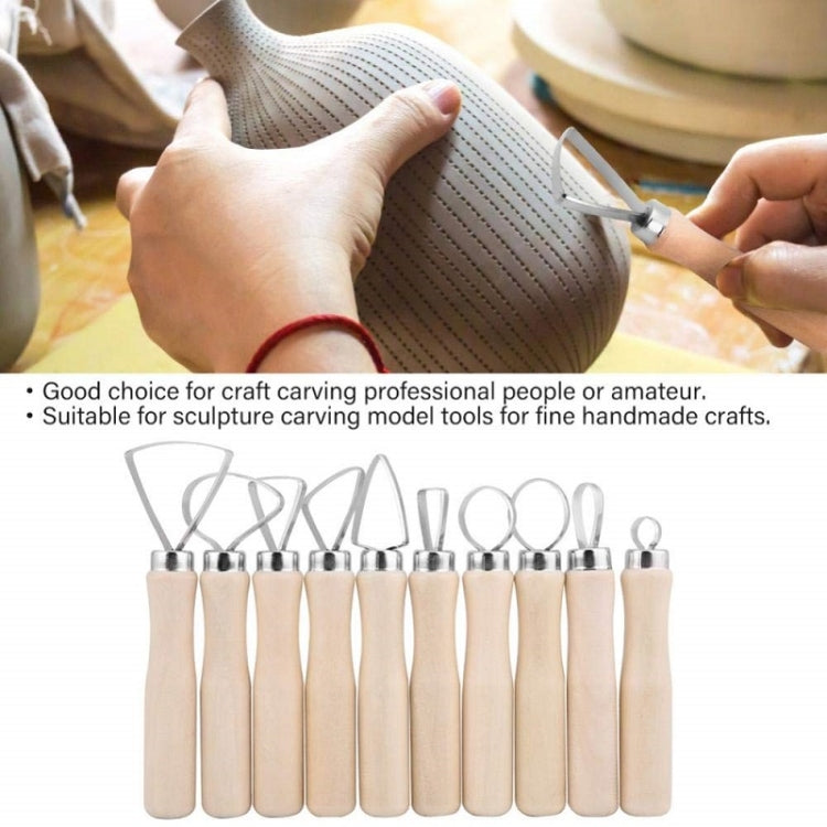 Pottery clay scraper tool set with pale wood handles and metal loop blades (10pcs).