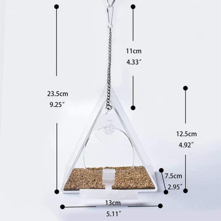 Triangle acrylic bird feeder dimensions: 13cm wide, 23.5cm tall, 12.5cm high