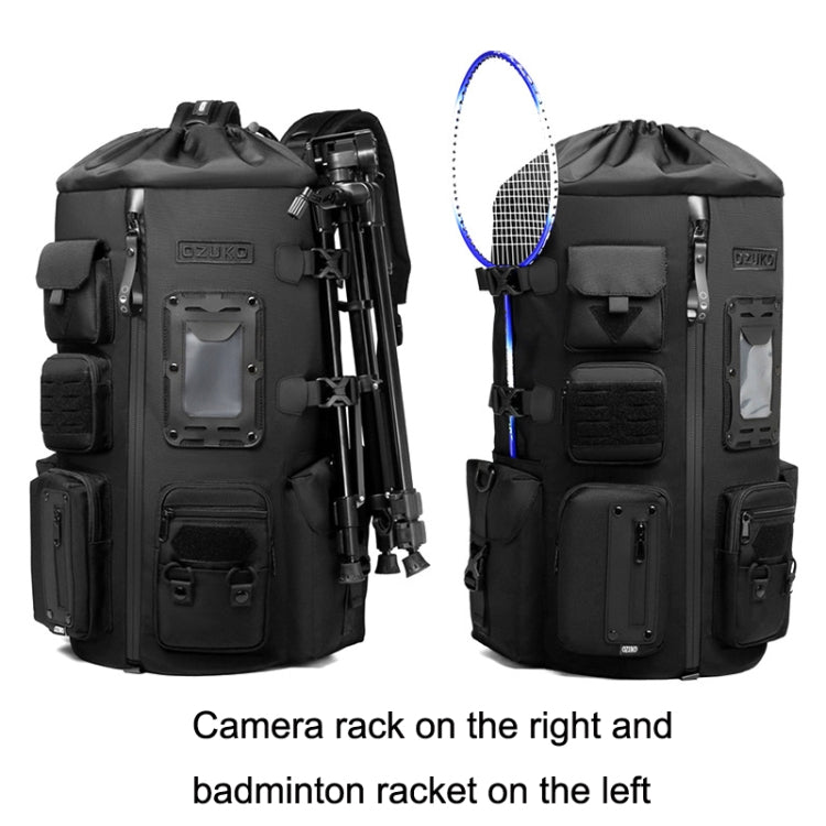 Black sport backpack with side racket-style attachment and camera rack on right side