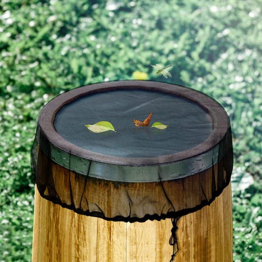 Round insect screen cover with mesh top and elastic edge over a wooden bucket