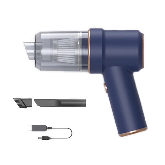 Blue handheld wireless car vacuum cleaner with clear dust cup and accessory nozzles