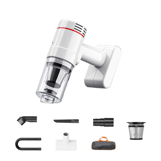 Handheld vacuum cleaner kit with clear dust cup, nozzle tools, and fabric storage bag