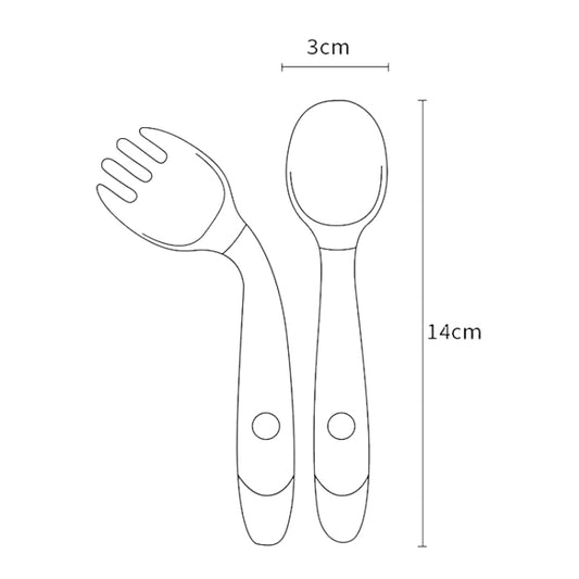 Outline diagram of a children’s silicone spoon and fork, 3cm width and 14cm height