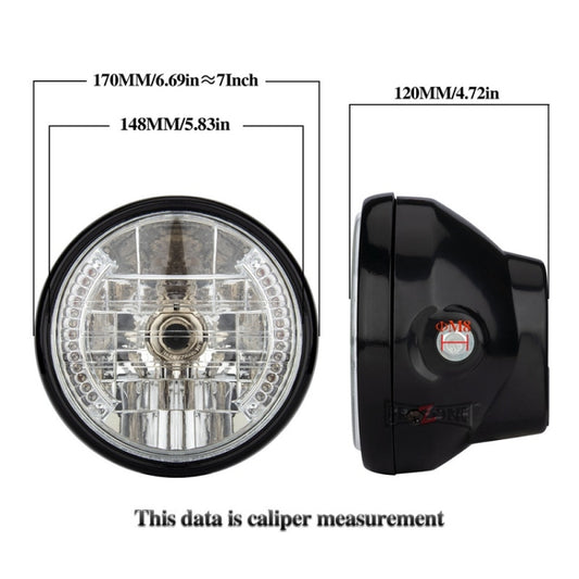 7-inch motorcycle LED headlight with clear lens, chrome reflector, black ring, front view