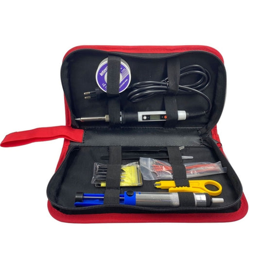Red and black leather tool storage bag, zipper open with soldering iron, cord, and parts inside