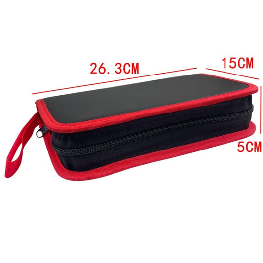 Red and black leather tool storage pouch with zipper and flat top lid