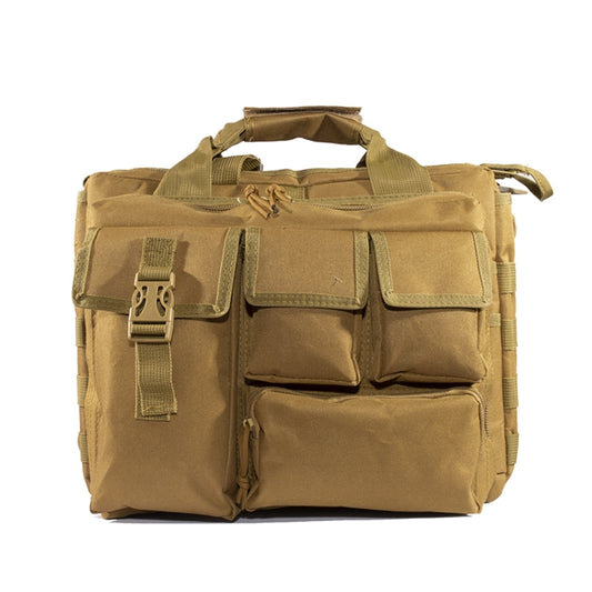 Tan outdoor messenger computer bag with MOLLE front panel and multiple zip pockets