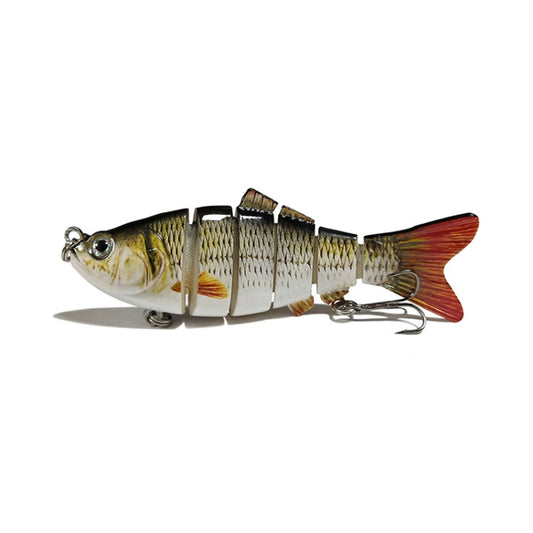 10cm multi-sectional fishing lure with scale pattern and treble hooks, gold and red tail