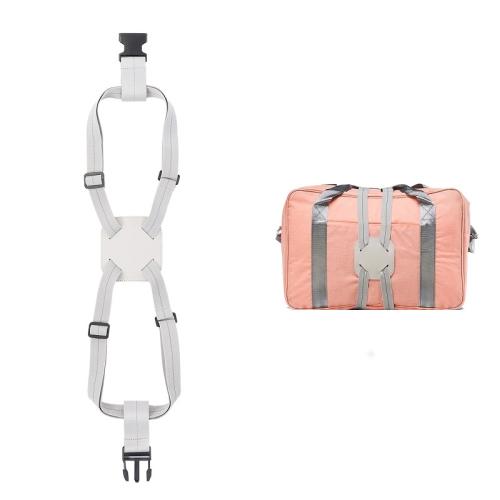 Light gray luggage binding elastic straps with buckles and hooks.