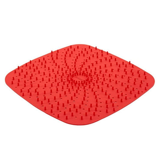 Red square silicone air fryer liner mat with raised perforations and rounded corners
