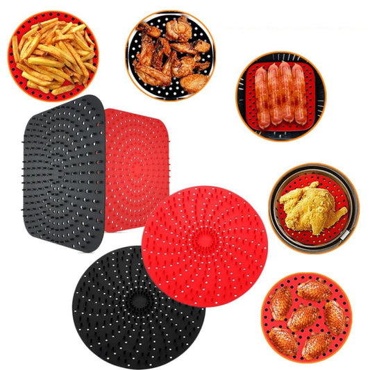Set of red and black perforated silicone liner mats with central raised boss