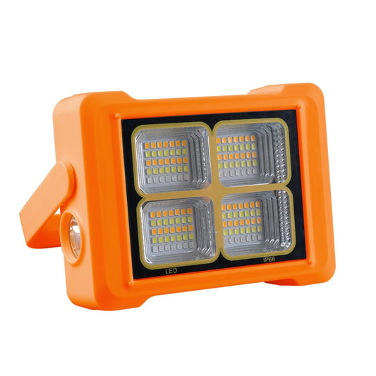 Orange portable solar flood light with four LED panels and side handle