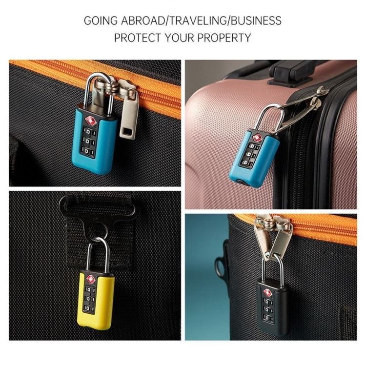 Mini combination padlock with number dial clipped to luggage zipper, teal, yellow, and black