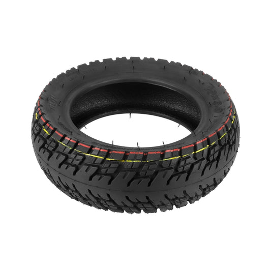 10-inch off-road tubeless tire, black tread with red and yellow sidewall markings
