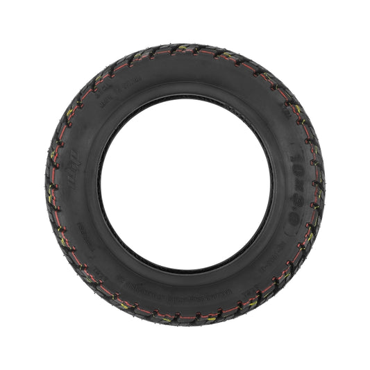 10-inch off-road tubeless tire, black with red and yellow stitch-like side trim