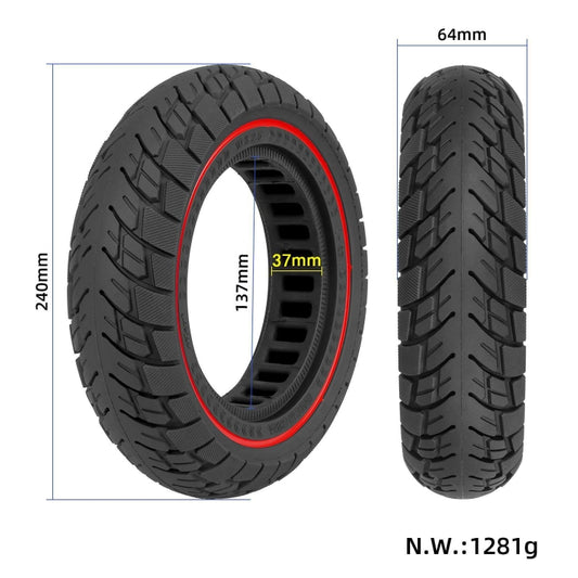 Solid scooter tyre with off-road tread, side view and size labels visible