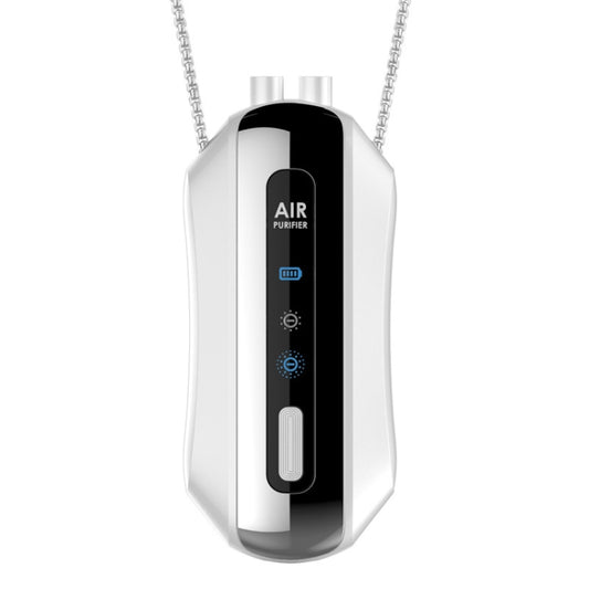 White hanging neck air purifier with chain, front control panel and air outlet