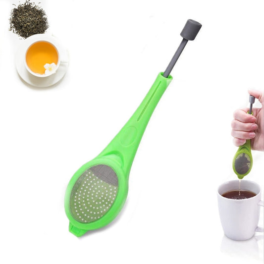 Reusable tea strainer infuser with green handle and gray mesh basket