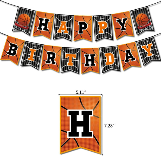 Basketball-themed Happy Birthday banner with letter flags on black and orange backgrounds