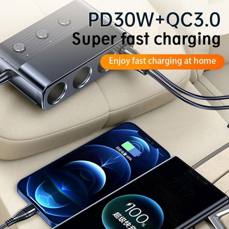 Compact car charger with PD and QC fast-charging ports and two connected cables
