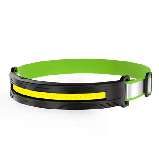 Green and black rechargeable headlamp with wide COB light strip
