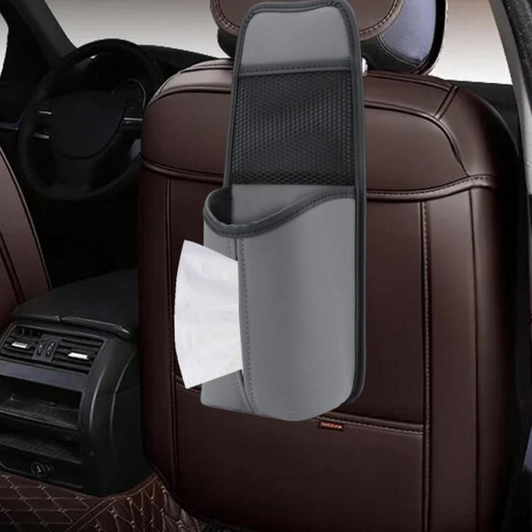 Gray leather hanging car seat tissue organizer with front pouch and top handle