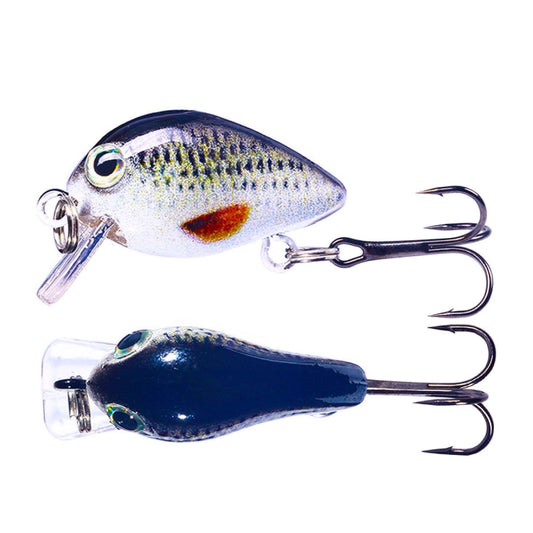 Floating fishing lure set, silver fish body with dark blue back and orange patch, treble hooks