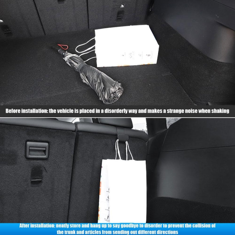 Installed trunk seat hooks holding a white shopping bag in the rear cargo area