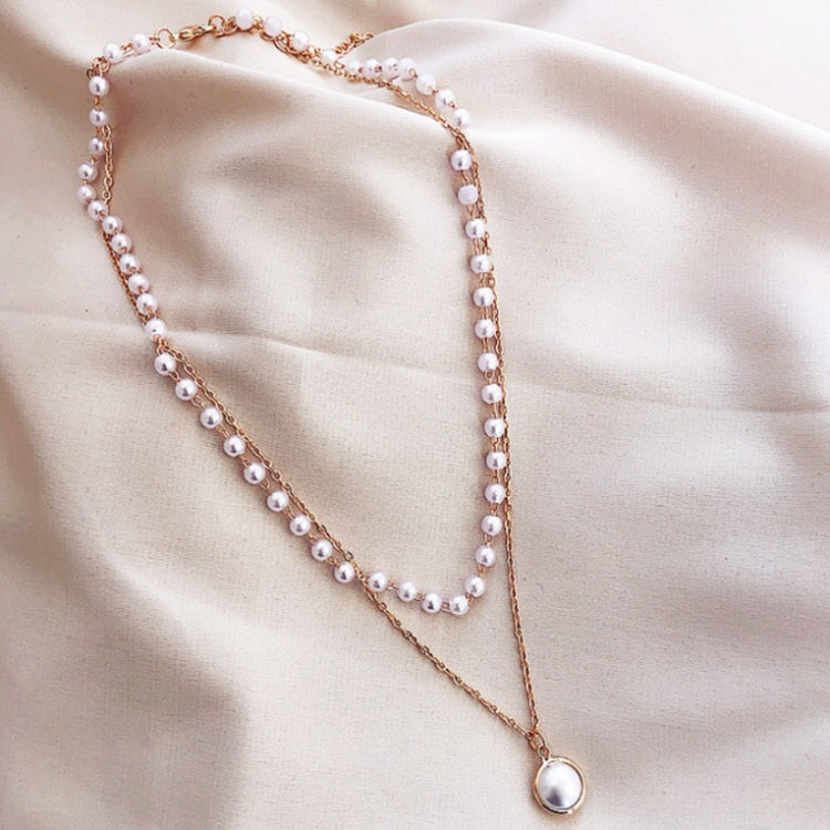 Gold double-layer pearl bead necklace with teardrop pearl pendant, layered strands