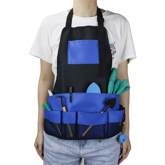 Blue and black multi-pocket tool apron with front chest pocket and side tool straps