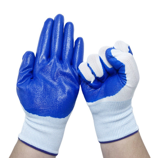 Two work safety gloves with blue nitrile coating and white knit cuffs
