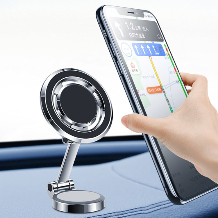Silver universal magnetic dashboard phone holder with smartphone held on magnet base