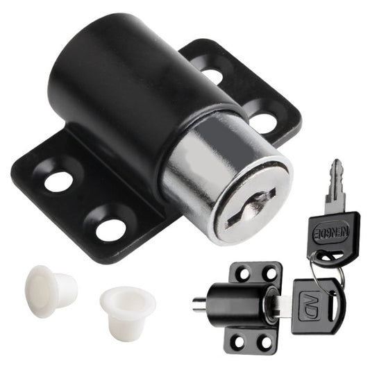 Black sliding door child-safety limit lock with keys, latch cylinder, and mounting parts