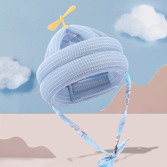 Blue mesh baby anti-fall pillow protection pad with yellow fan and rope ties