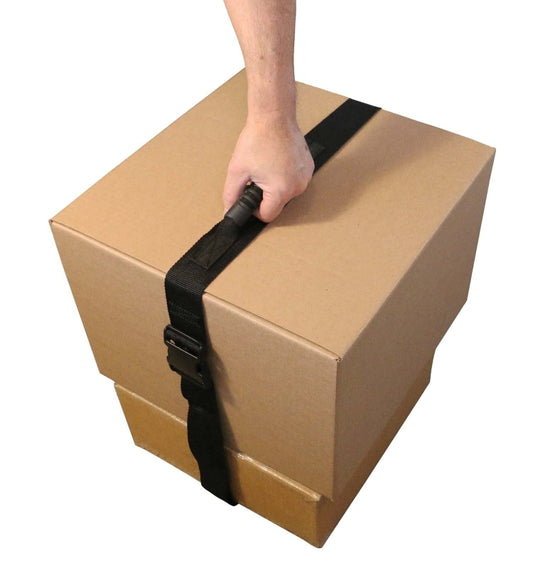 Box lifting carrying strap, black webbing with buckle closure