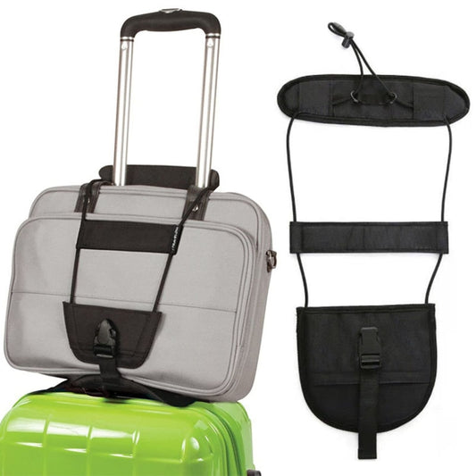 Adjustable black packing belt with buckle, worn across a light gray suitcase bag